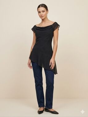 My Michelle Vintage Y2K Black Asymmetrical Ruffle Hem Top Sheer Cap Sleeve S